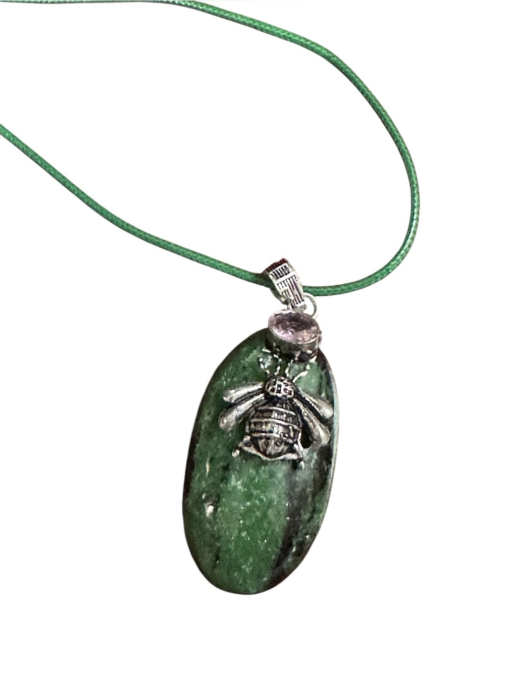 Green Bee Pendant Necklace with Silver Bee Detail